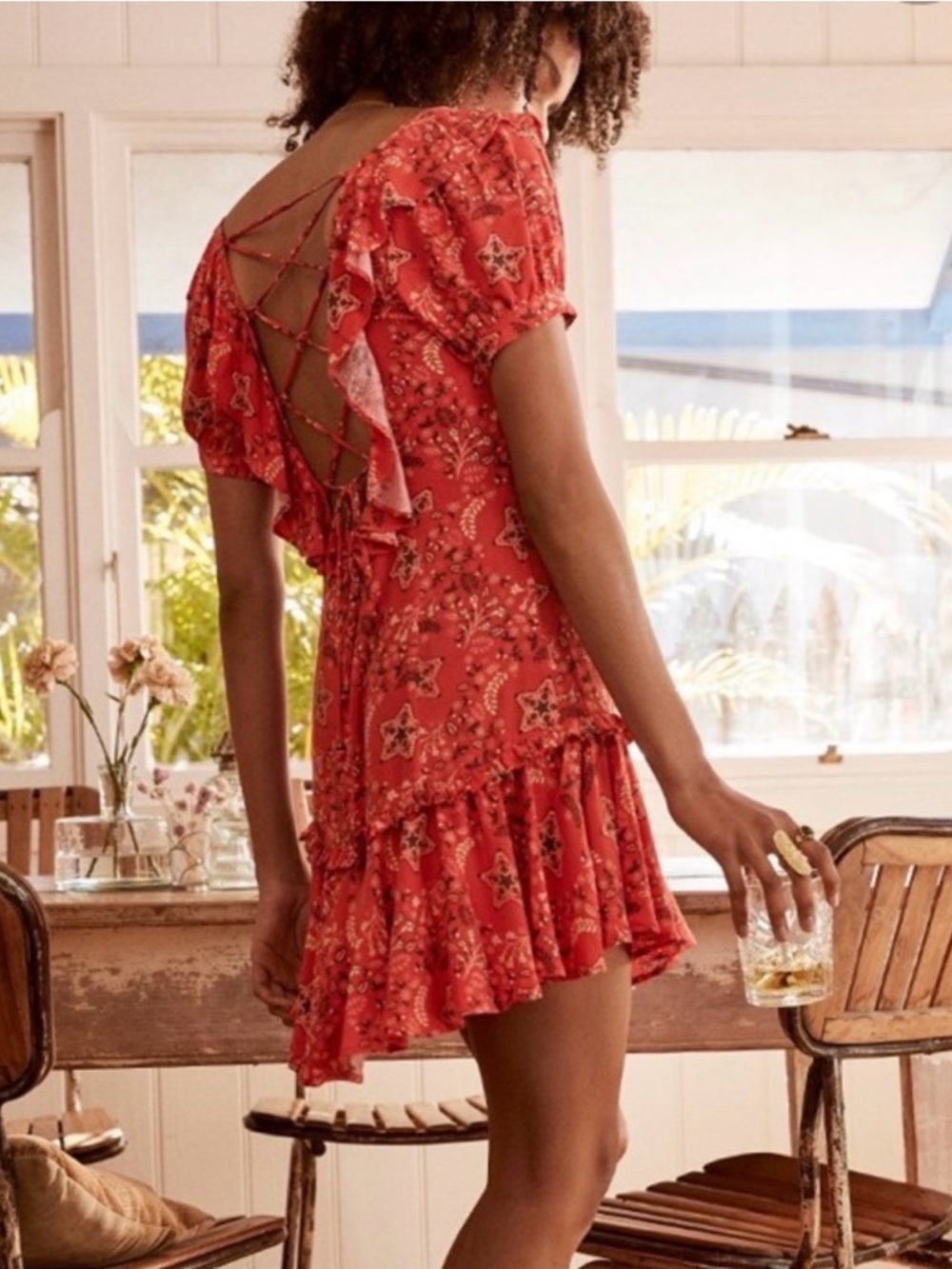 Spell & The Gypsy Celestial Mini Dress XS Red Lace Up Back Boho Festival Ruffle